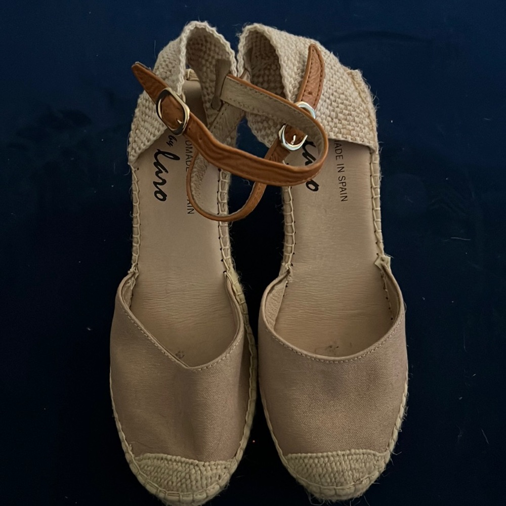 Like New - Laro Espadrilles Wedge with Ankle Strap and buckle, Taupe.